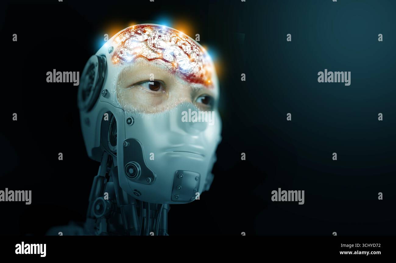Robot di intelligenza artificiale umanoide che fonde emozioni umane e identità con l'intelligenza digitale, simboleggiando AGI, consapevolezza di sé, coscienza e filosofia Foto Stock