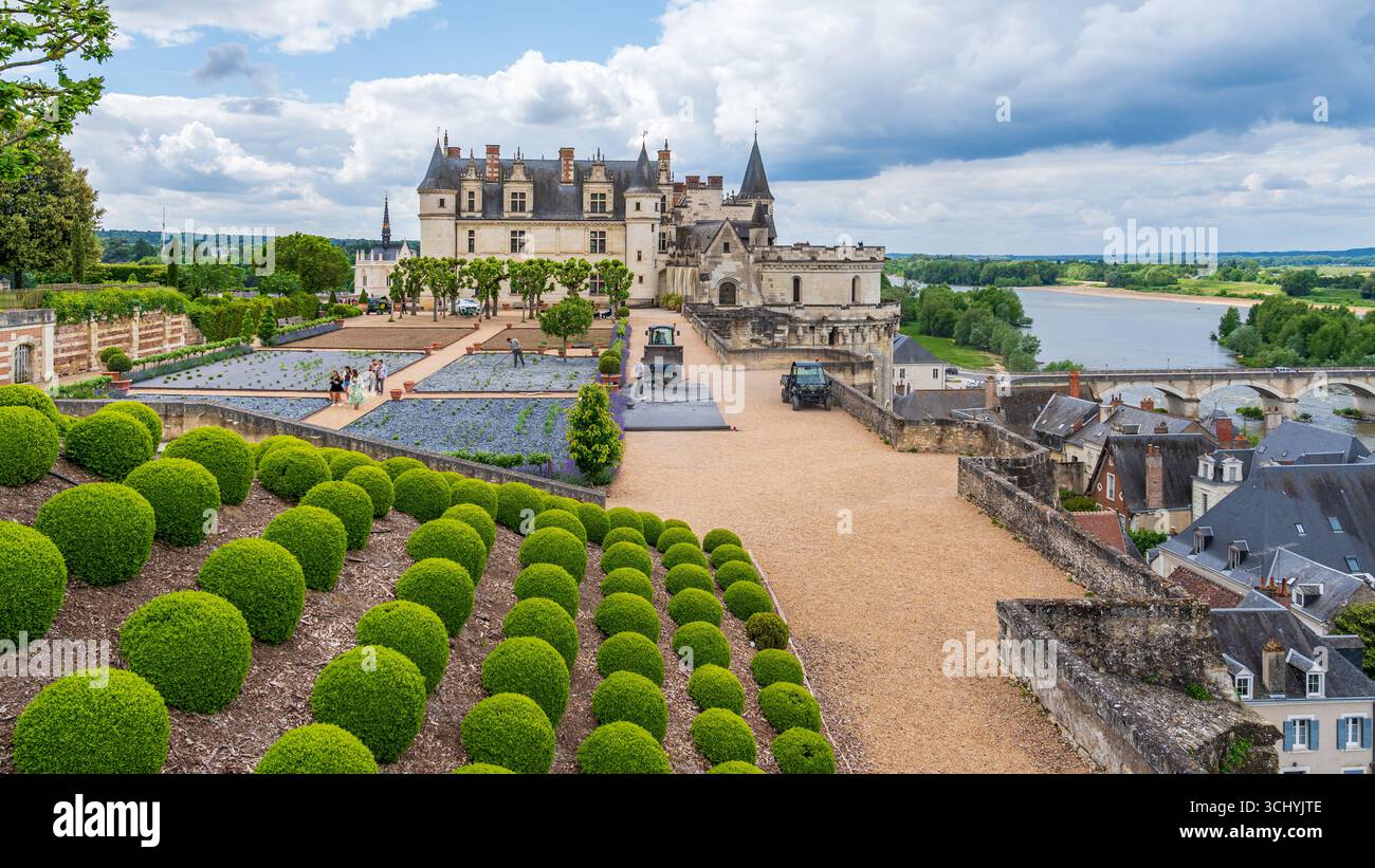 Castello di Amboise lungo il fiume Loira visto dai suoi giardini Foto Stock