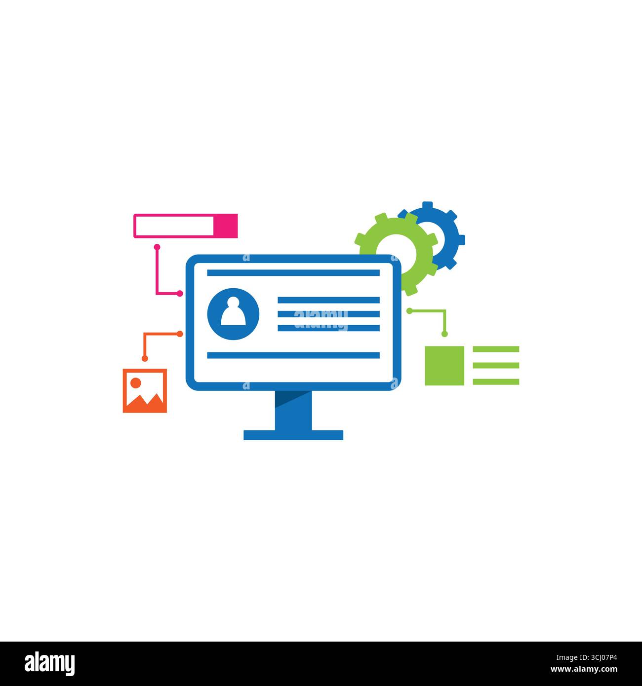 Illustrazione vettoriale con design piatto del monitor del computer con profilo, impostazioni ed elementi di contenuto. Perfetto per la progettazione dell'interfaccia utente, lo sviluppo Web e il digitale Illustrazione Vettoriale