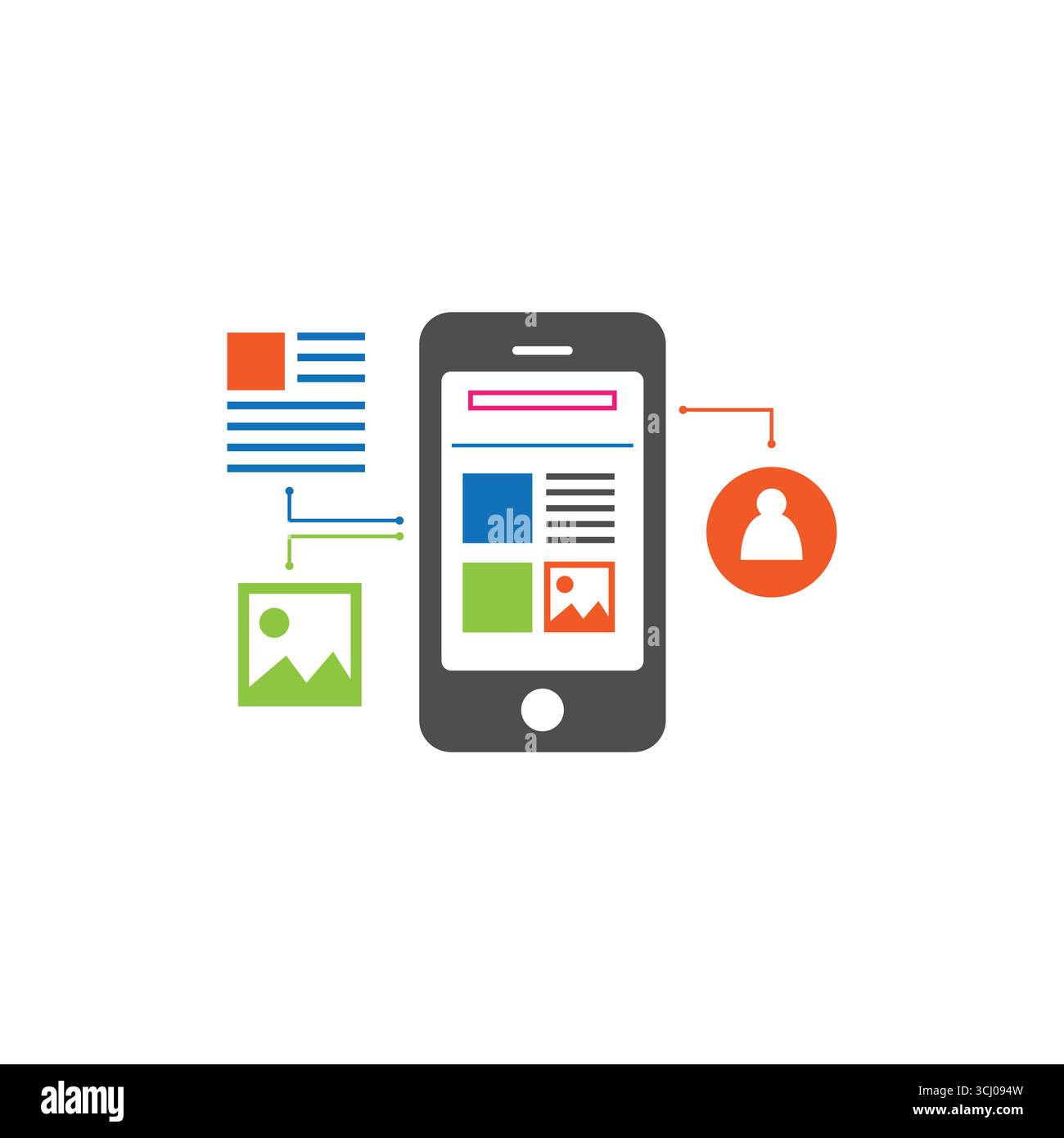 Vettore di design piatto dello smartphone con interfaccia dell'app, icone ed elementi del profilo utente. Perfetto per la progettazione di app mobili, l'interfaccia utente reattiva e il bus digitale Illustrazione Vettoriale
