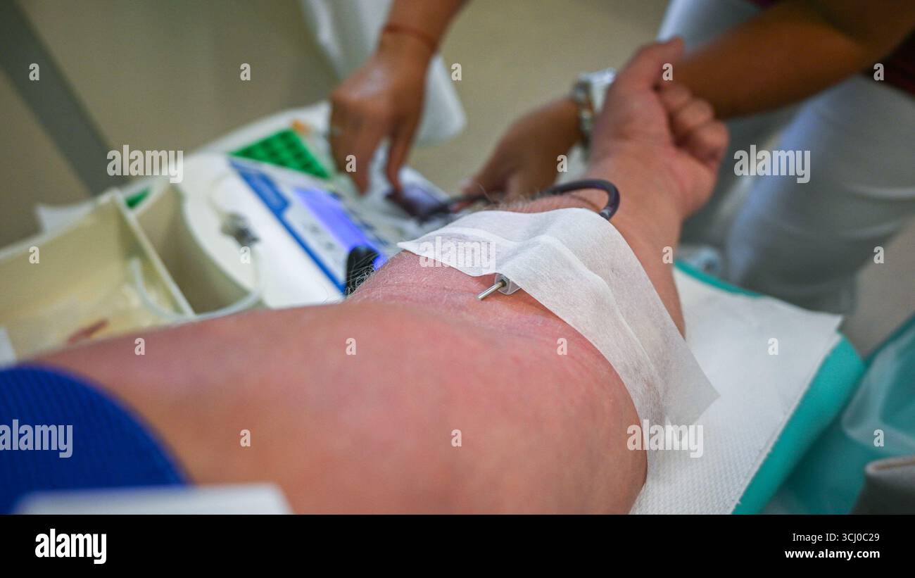 Medico che esegue un prelievo ematico utilizzando apparecchiature specializzate in ambiente ospedaliero. Foto Stock