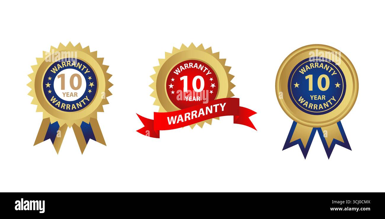 Tre sigilli di garanzia dorati con dettagli blu e rossi Illustrazione Vettoriale