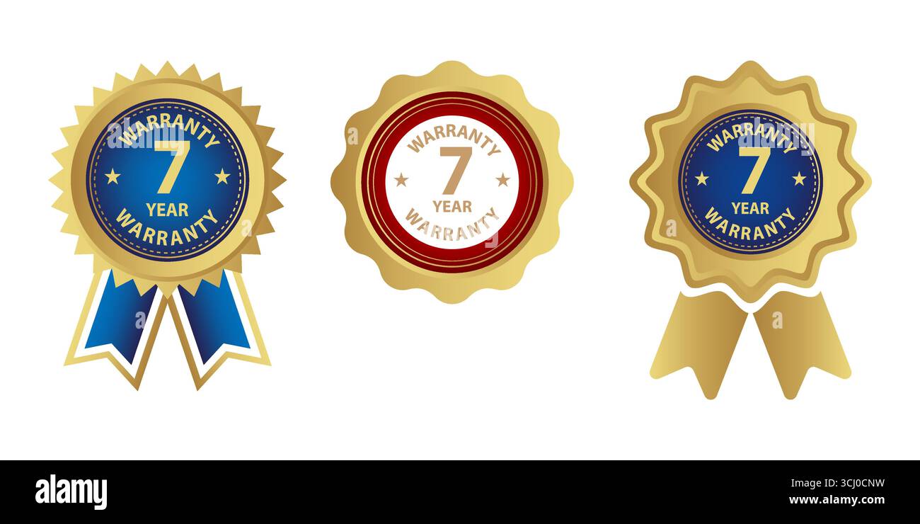 Tre sigilli di garanzia dorati con dettagli blu e rossi Illustrazione Vettoriale