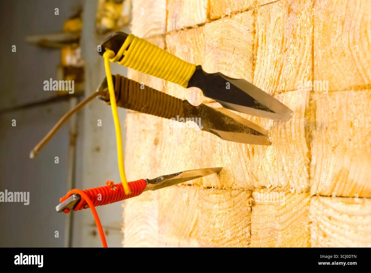 Lancio dei coltelli bloccati nel piatto coltelli. Foto Stock