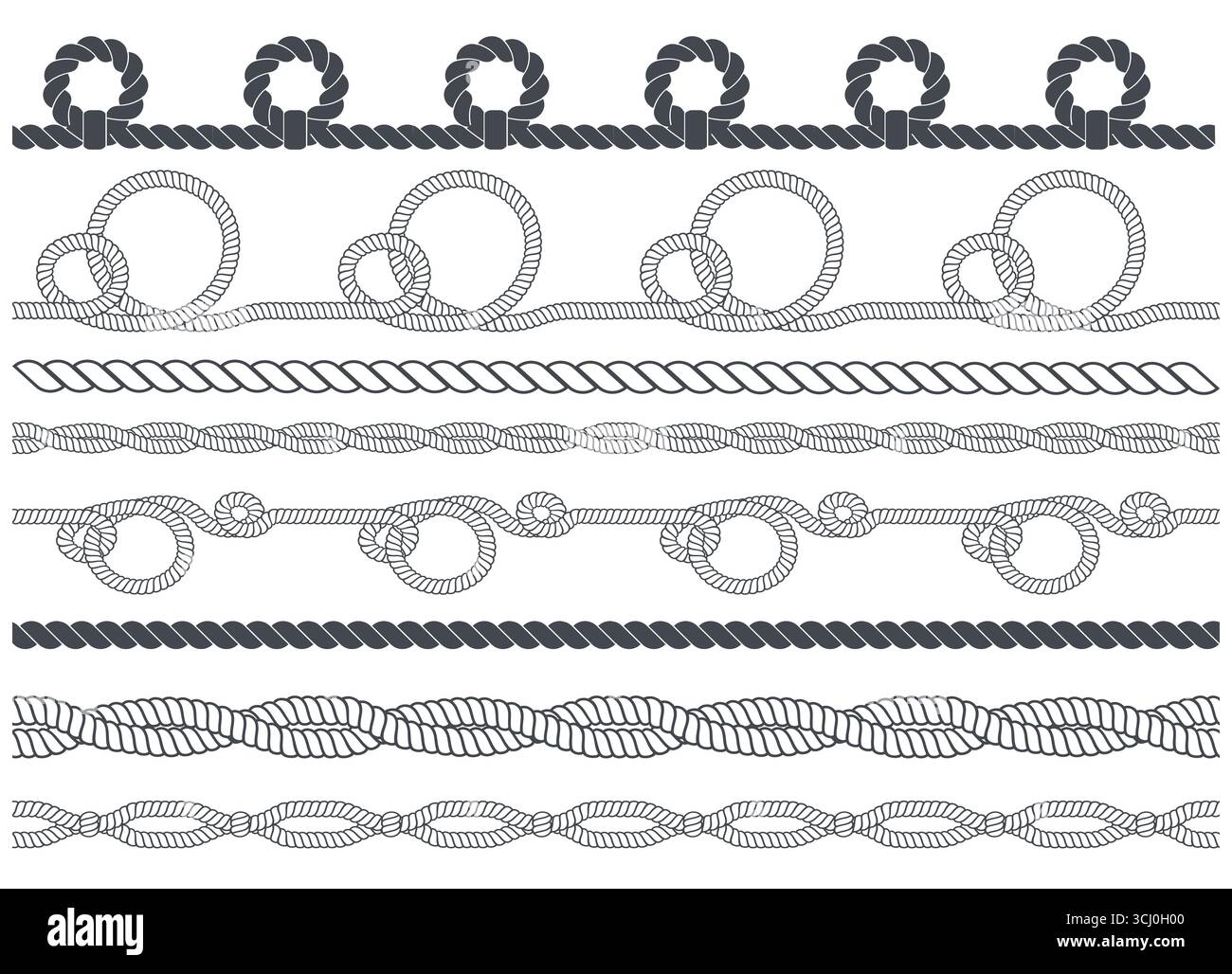 Confini corde della Marina. Corde marine curve con anse e nodi, silhouette monocromatiche nautiche, lisce e ondulate, lazo ritorto e arco a nastro Illustrazione Vettoriale