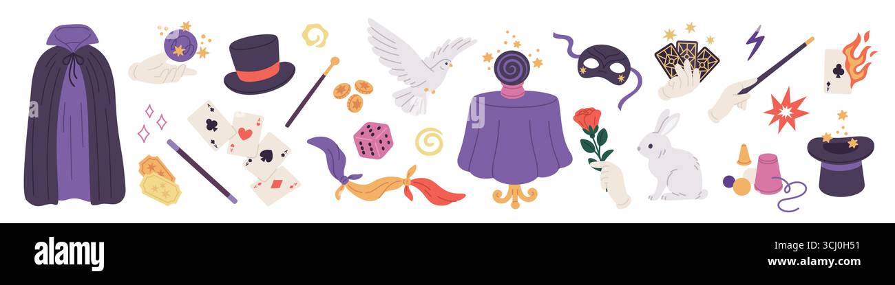 Elementi maghi. Accessori per spettacoli illusionisti, oggetti di trucchi, equipaggiamento misterioso, carte, coniglio, palla di cristallo, mantello mago, palla di cristallo Illustrazione Vettoriale