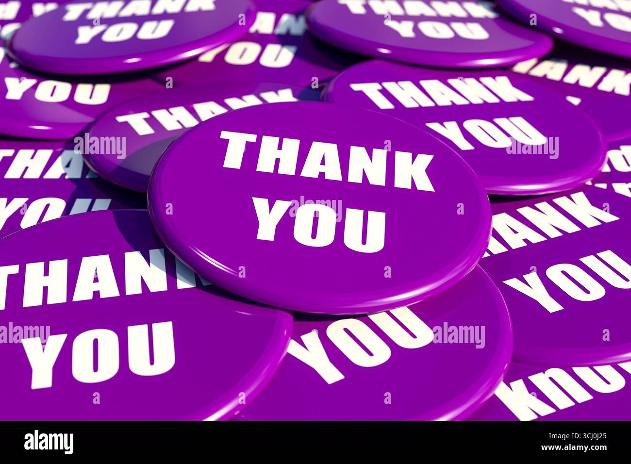Grazie. Grazie. Distintivi viola che si trovano sul tavolo con il messaggio Grazie . Gratitudine, congratulazioni, rispetto, ispirazione. Illustrazione 3D badge007s20 thank you Foto Stock