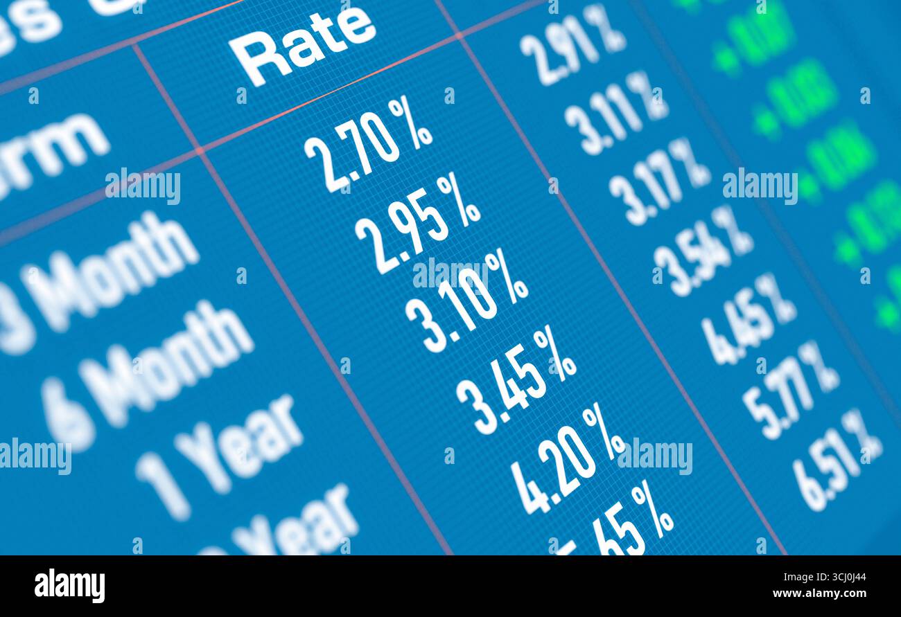 Tassi di interesse, rendimenti in aumento, mercato obbligazionario. Tassi di interesse, rendimenti in aumento. Mercato obbligazionario, mercato azionario e borsa valori, risparmi, investimenti, mercati finanziari, tassi di interesse. Illustrazione 3D img bond market019s03 interest rates Foto Stock