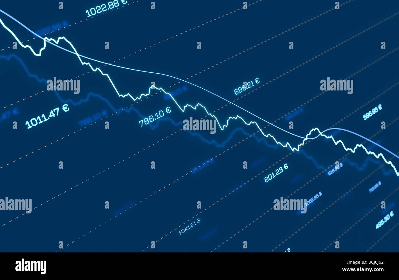 Schermata di trading, linea blu di demarcazione, grafico azionario, crisi finanziaria. Schermata di trading, linea di demarcazione blu, grafico azionario. Crollo del mercato azionario, negare il profitto, perdere denaro, depressione economica, crisi finanziaria, recessione. illustrazione 3d img stock market108s03 stock market chart falling Foto Stock