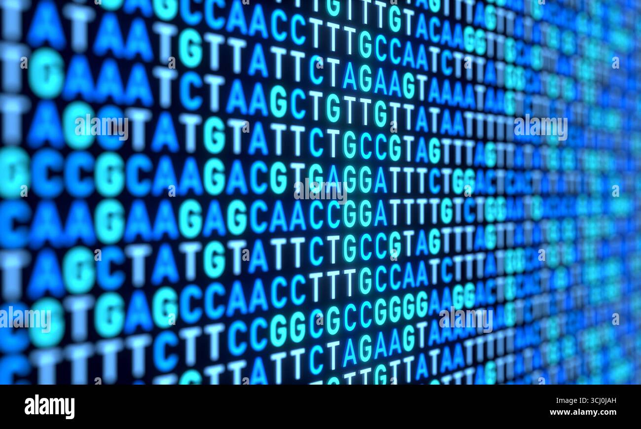 Schemi del DNA, analisi genetica, gel di sequenziamento del DNA, struttura del genoma. Modelli di DNA, gel di sequenziamento del DNA, genomica, analisi scientifiche e genetiche, dati, test del DNA. Illustrazione 3D science033s02 dna sequence Foto Stock