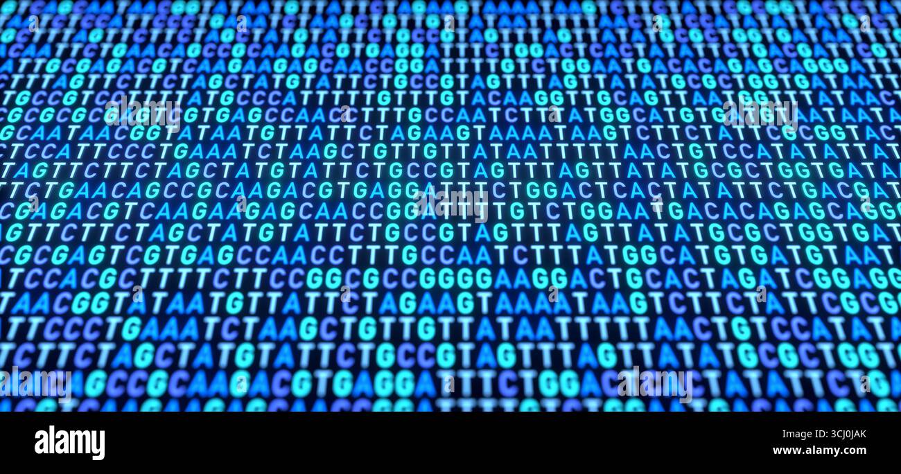 Schemi del DNA, analisi genetica, gel di sequenziamento del DNA, struttura del genoma. Modelli di DNA, gel di sequenziamento del DNA, genomica, analisi scientifiche e genetiche, dati, test del DNA. Illustrazione 3D science033s03 dna sequence Foto Stock