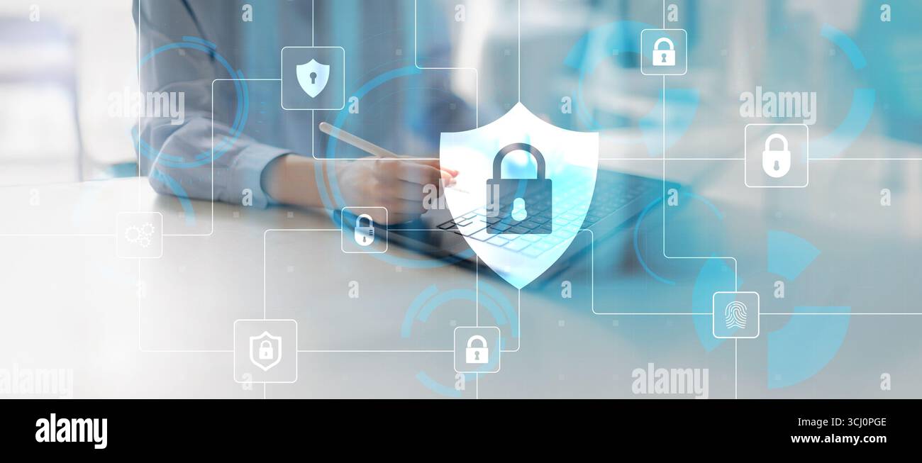 Concetto di sicurezza informatica e protezione dei dati nelle reti digitali. Foto Stock