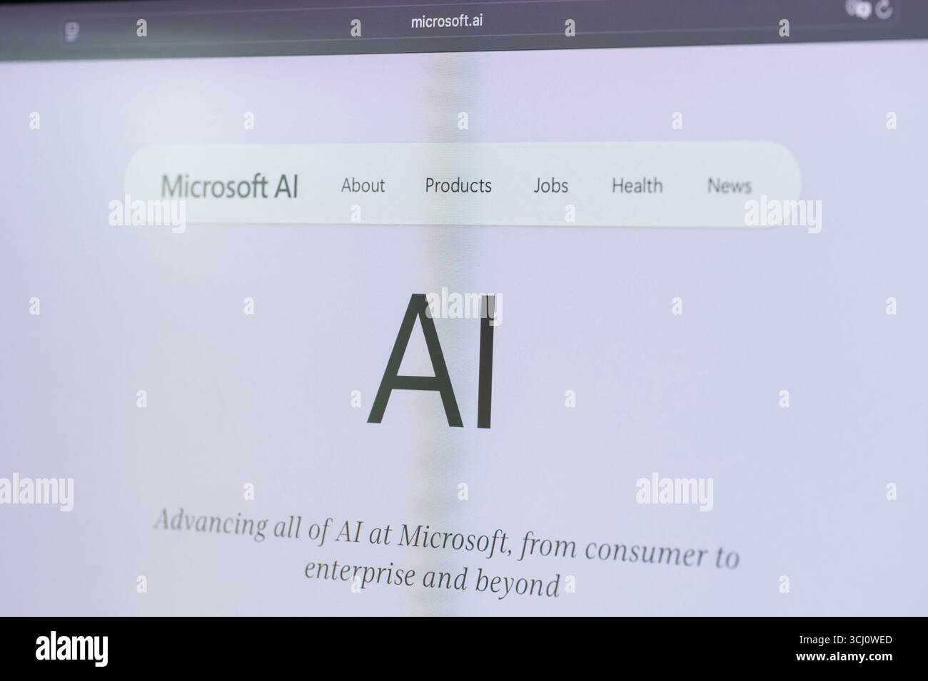 New York, Stati Uniti d'America - 22 agosto 2025: Pagina Web Microsoft ai sulla vista ravvicinata della macro di sfondo del computer Foto Stock