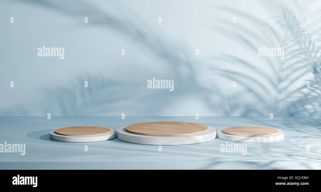 Rendering 3D minimalista di piedistalli in legno e bianco con morbide ombre di foglie di palma, perfetto per la presentazione di prodotti, bellezza, cosmetici, gioielli e piccole dimensioni Foto Stock