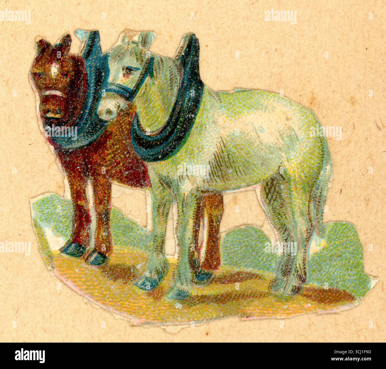 Pezzo originale di carta di decoupage cromo-diecut vittoriano goffrato da un quaderno vittoriano di cavalli che lavorano in fattoria in imbracatura. Cavalli vittoriani funzionanti. Cavalli pesanti vittoriani. Circa 1890 anni, Regno Unito Foto Stock
