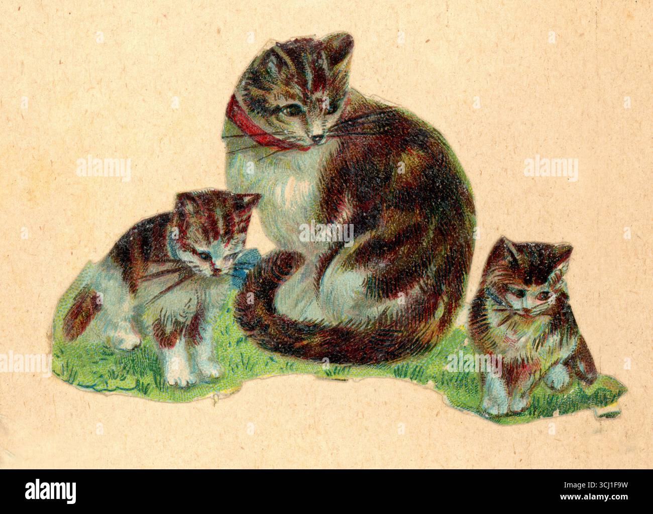 Pezzo originale di carta decoupage cromo-diecut vittoriana goffrata da scarti vittoriani di gatto e gattini, intorno al 1890 Foto Stock