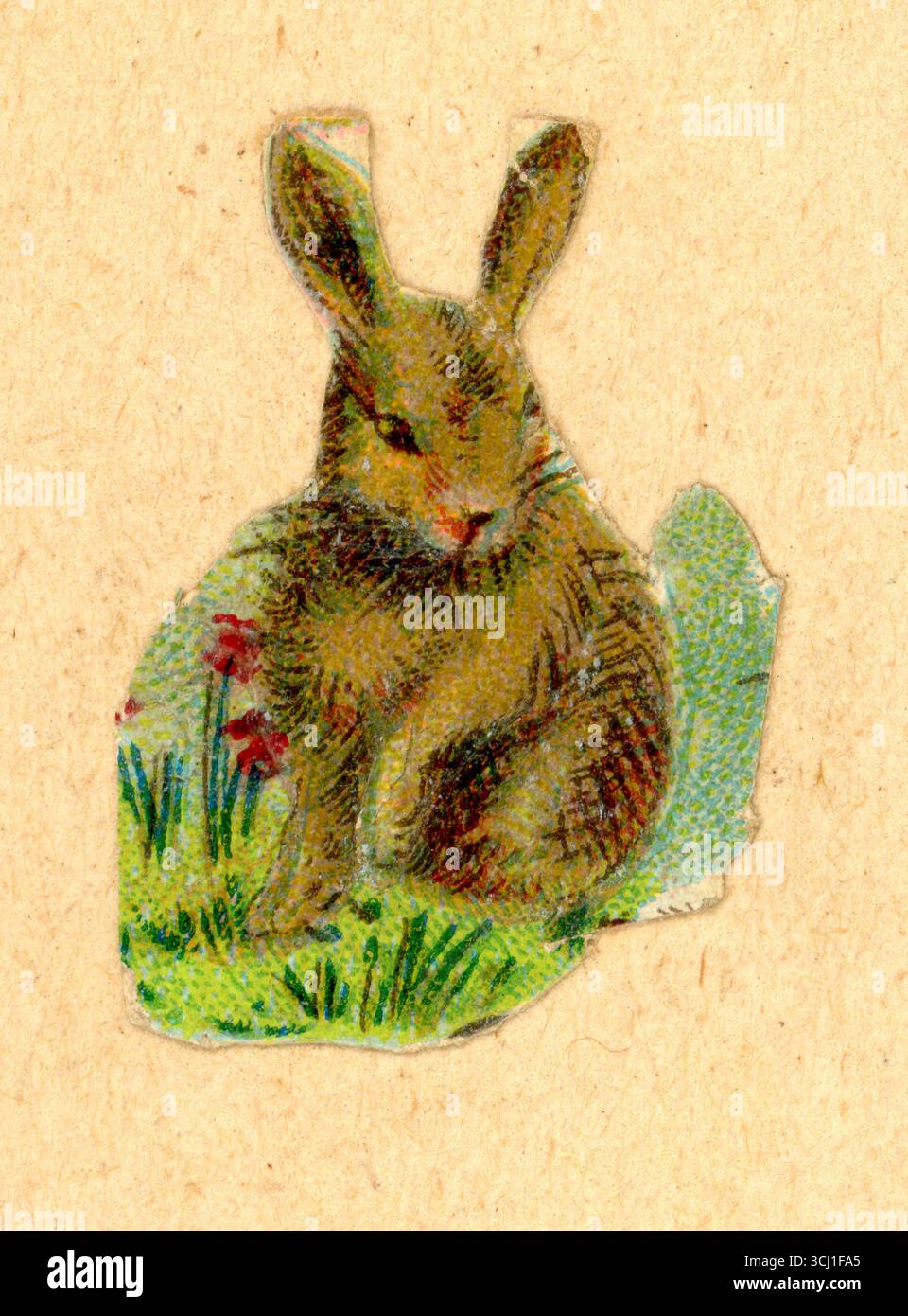 Pezzo di carta decoupage in cromo pressofuso in rilievo vittoriano originale da un foglietto vittoriano di coniglio selvatico intorno al 1890, Regno Unito. Foto Stock