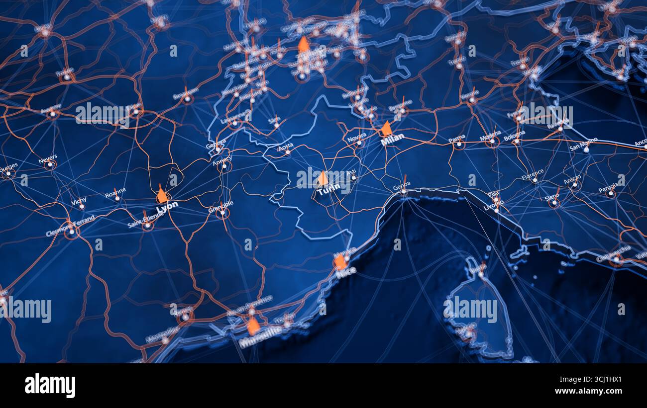 Visualizzazione dei big data della mappa di Torino. Infografica futuristica sulla mappa della città in Italia. Complessità dei dati delle mappe visive nei moderni colori blu e arancione Foto Stock
