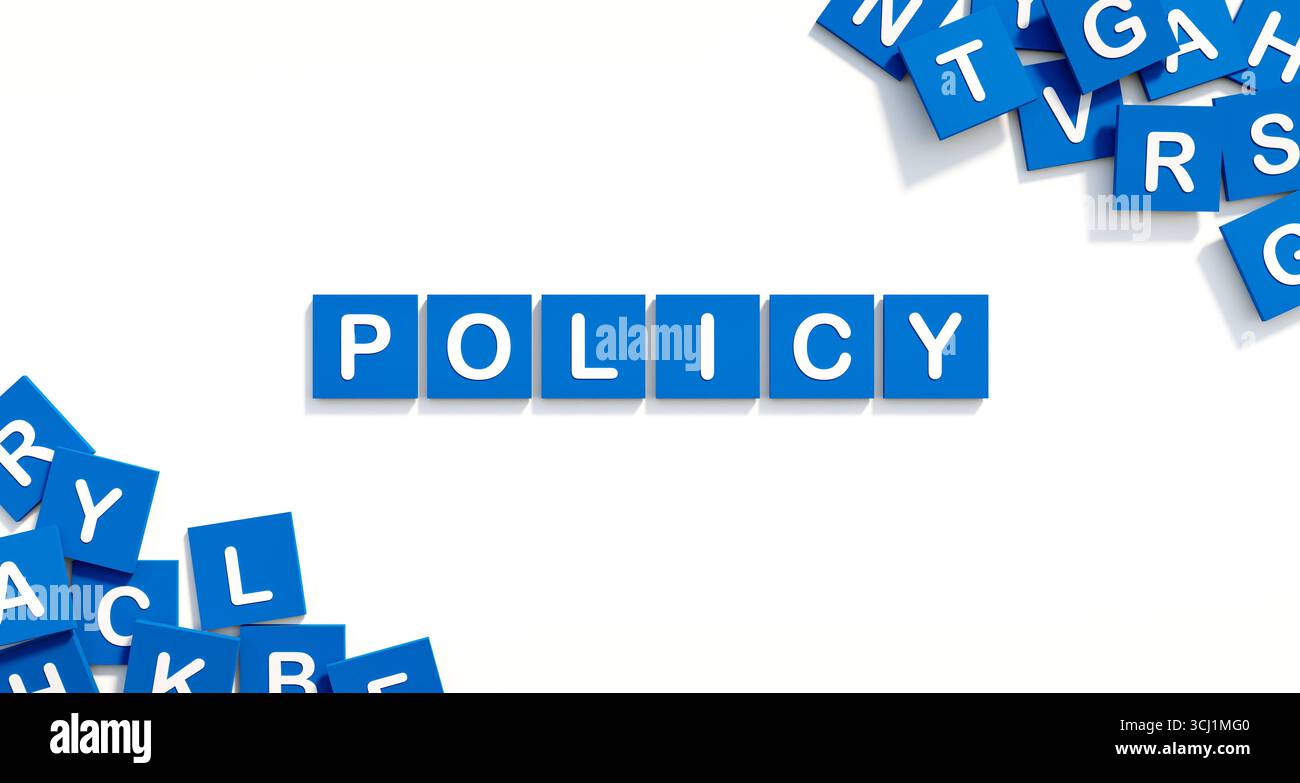 Policy policy, parola con token. Regola, guida, istruzioni, regolazione, metodo, consigli. Illustrazione 3D text token policy Foto Stock