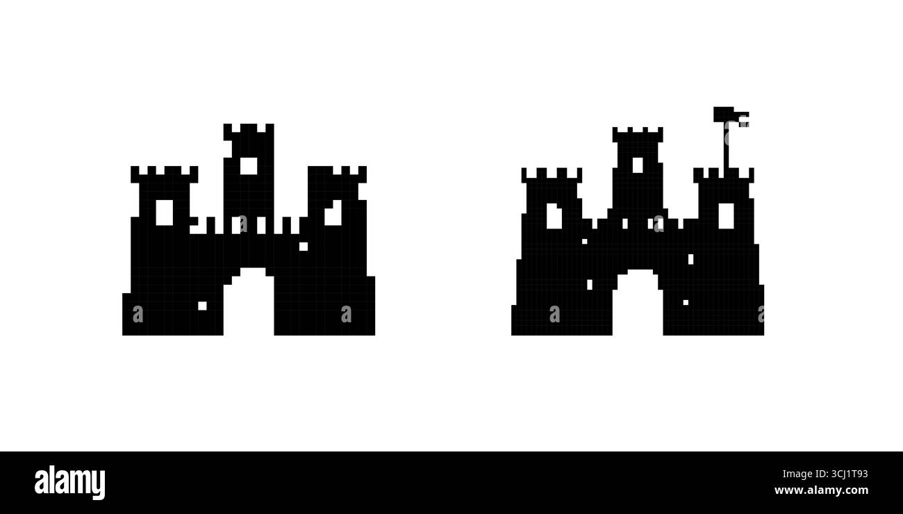 Icone del castello dei pixel a mosaico in stile retrò con due disegni caratterizzati da strutture classiche Illustrazione Vettoriale