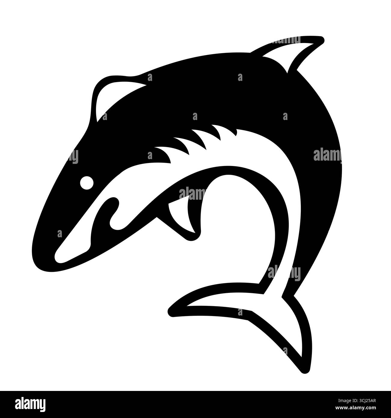 Silhouette dello squalo che salta in movimento. Perfetto per l'uso in loghi, icone, tatuaggi, decalcomanie, stampe, squadre sportive o progetti grafici a tema marino. Illustrazione Vettoriale