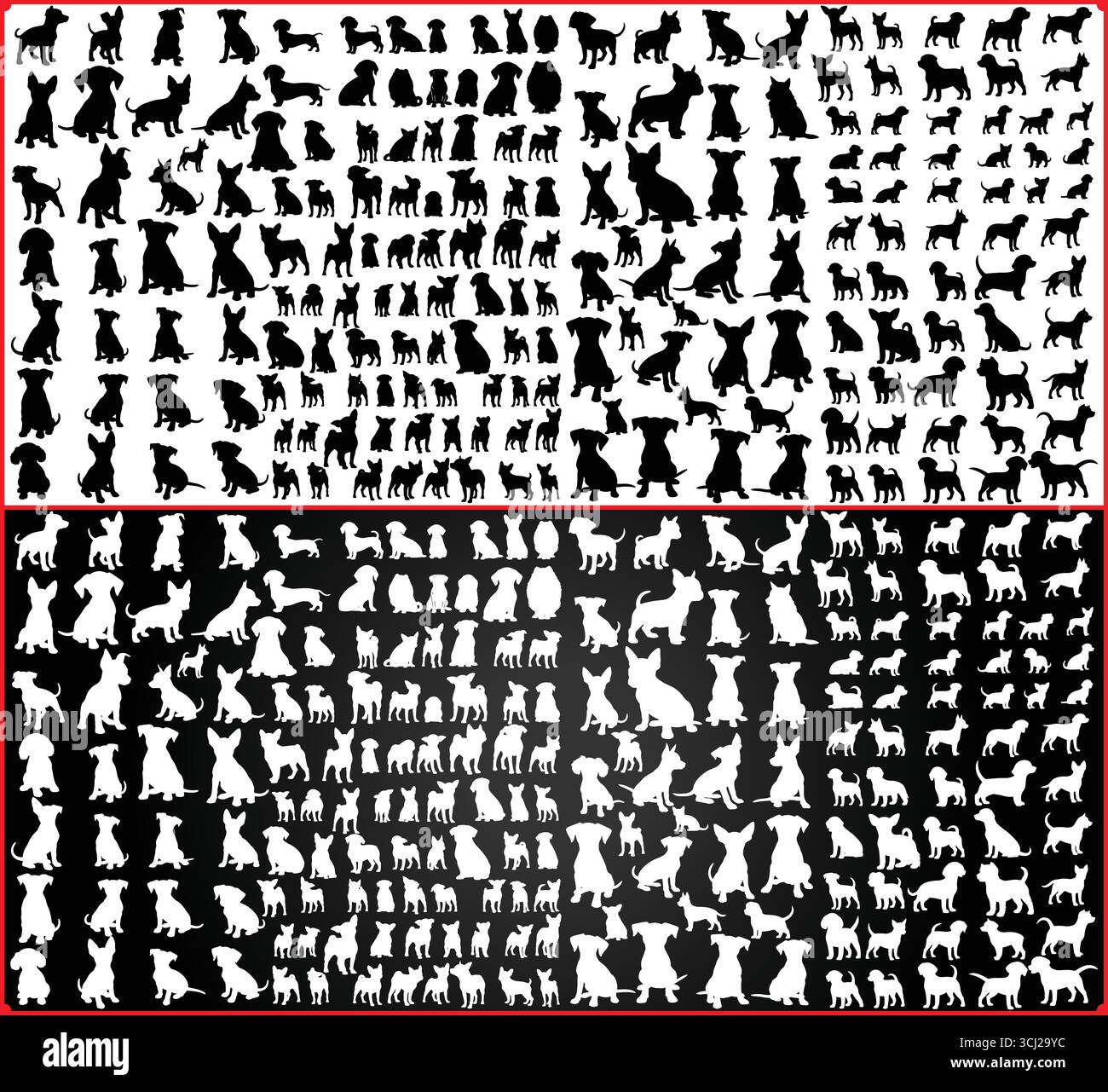 Ampia collezione di sagome per cani in varie pose esposte in bianco e nero Illustrazione Vettoriale