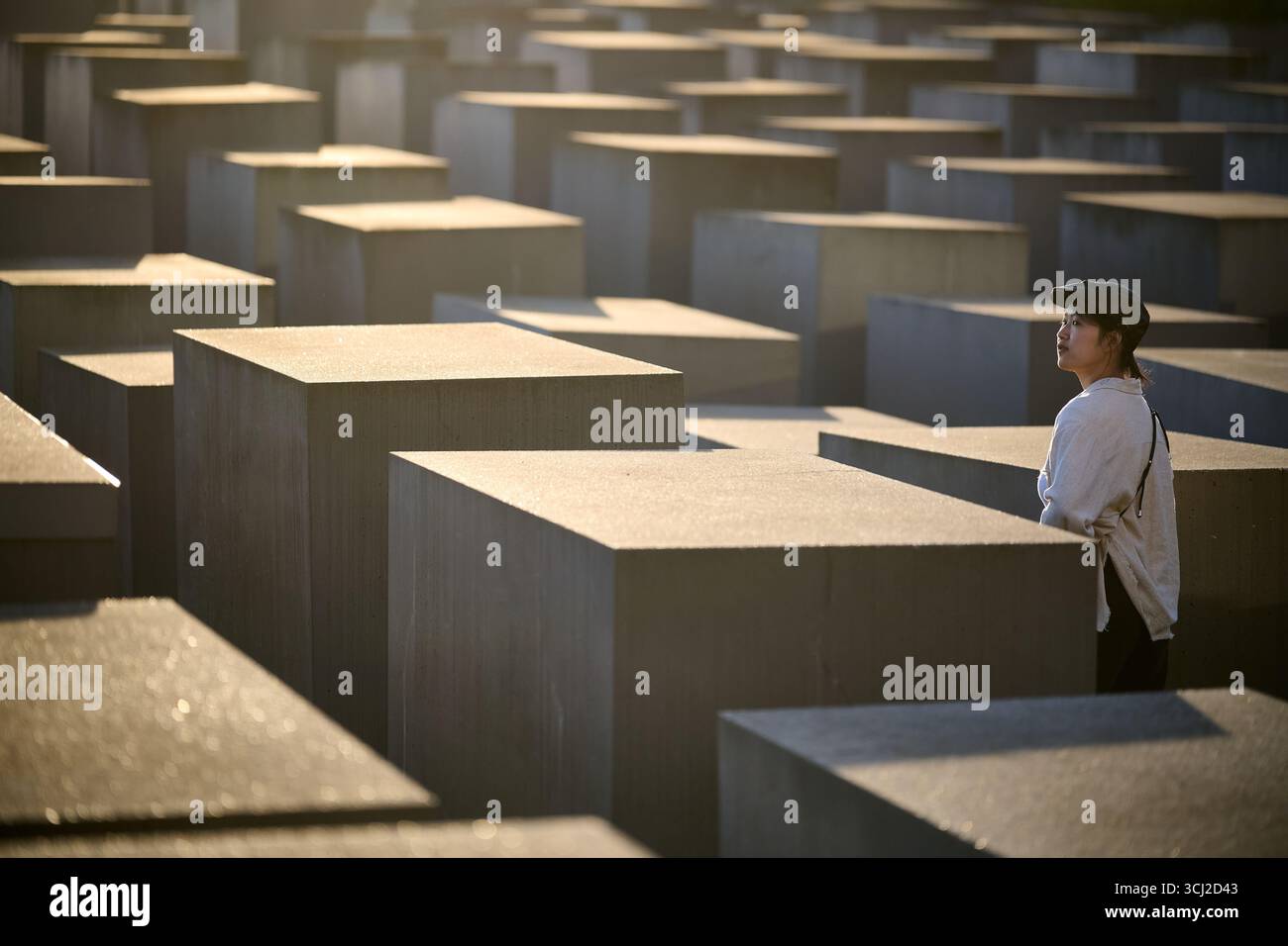 Ritratto della persona contemplativa al sole tra i blocchi commemorativi dell'Olocausto, Berlino, calda luce pomeridiana, orientamento quadrato, espressione del volto visibile, ed Foto Stock