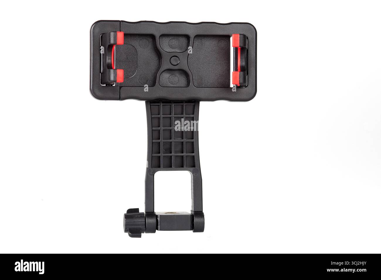 Supporto per smartphone nero con impugnature rosse isolato su sfondo bianco. Foto Stock