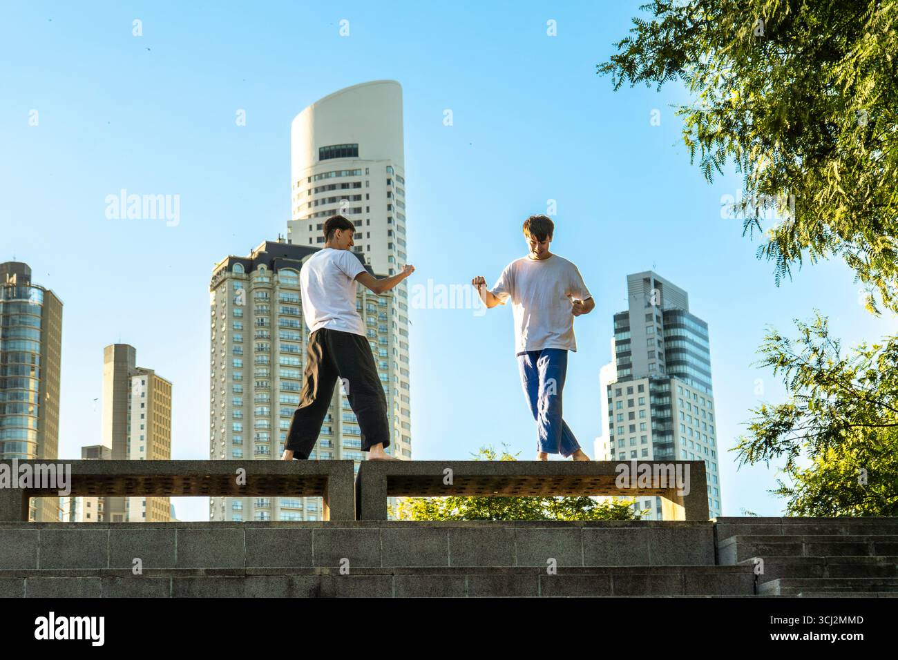 Due giovani uomini che eseguono forme di arti marziali in un ambiente cittadino Foto Stock