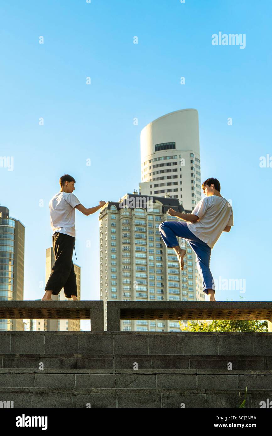 Tiro verticale di due giovani uomini che eseguono forme di arti marziali in un ambiente cittadino Foto Stock