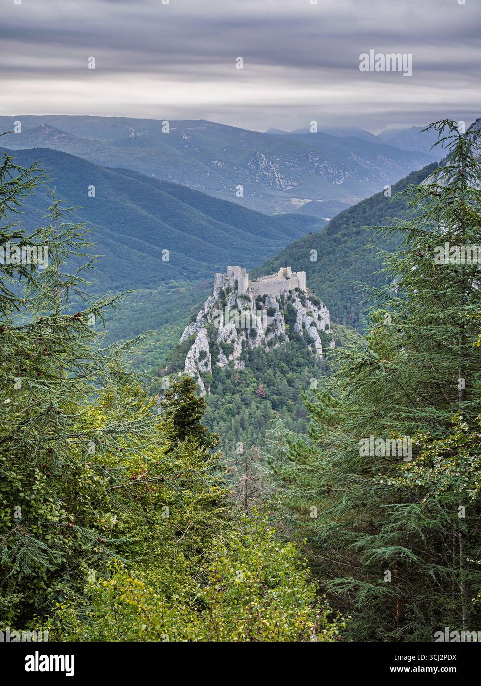 Vista verticale dell'antico castello medievale di Puilaurens sulle rovine dei Pirenei , Lapradelle-Puilaurens, Aude, Francia Foto Stock