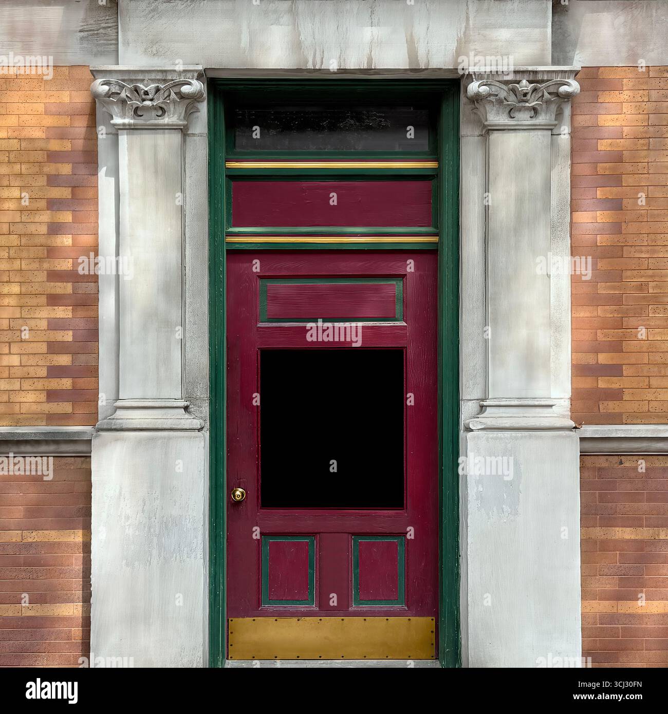 Alta porta rossa con finiture verdi e colonne di pietra su una storica casa cittadina in mattoni a Chicago. - Immagine stock catturata con smartphone