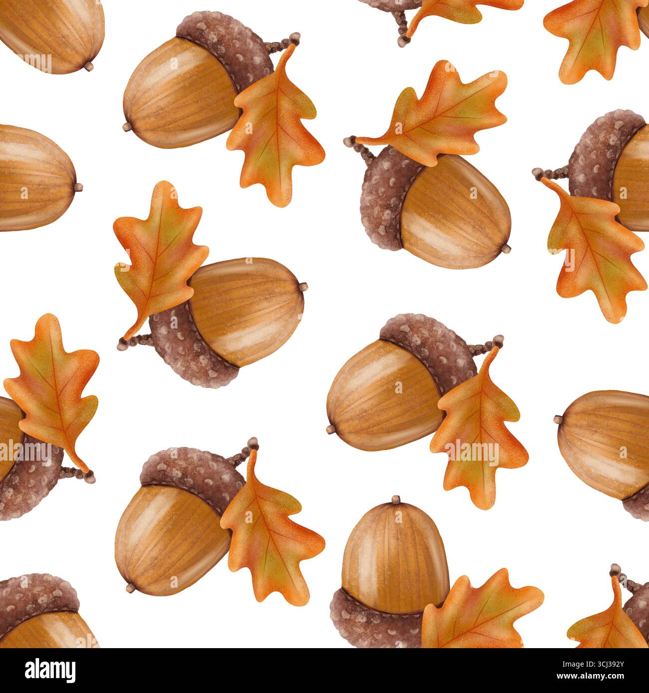 Motivo senza cuciture di foglie di quercia autunnale e ghiande in delicato stile acquerello. Ideale per tessuti, imballaggi, carta da imballaggio, carta da parati Foto Stock