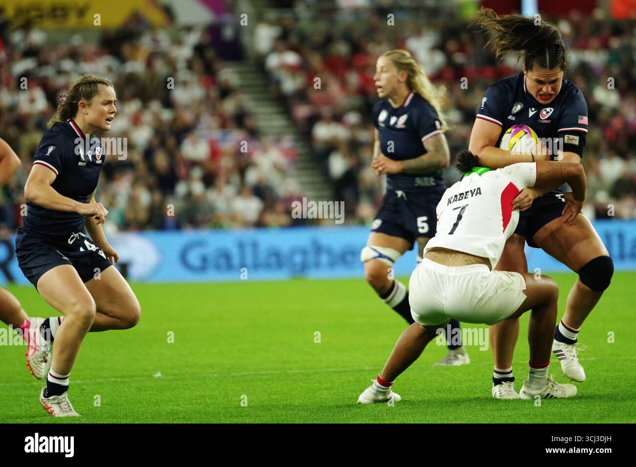 Sunderland, Inghilterra, 22 agosto 2025. Sadia Kabeya gioca per l'Inghilterra affrontando Ilona Maher degli Stati Uniti nella Coppa del mondo di rugby femminile allo Stadium of Light di Sunderland. Credito: Colin Edwards Foto Stock