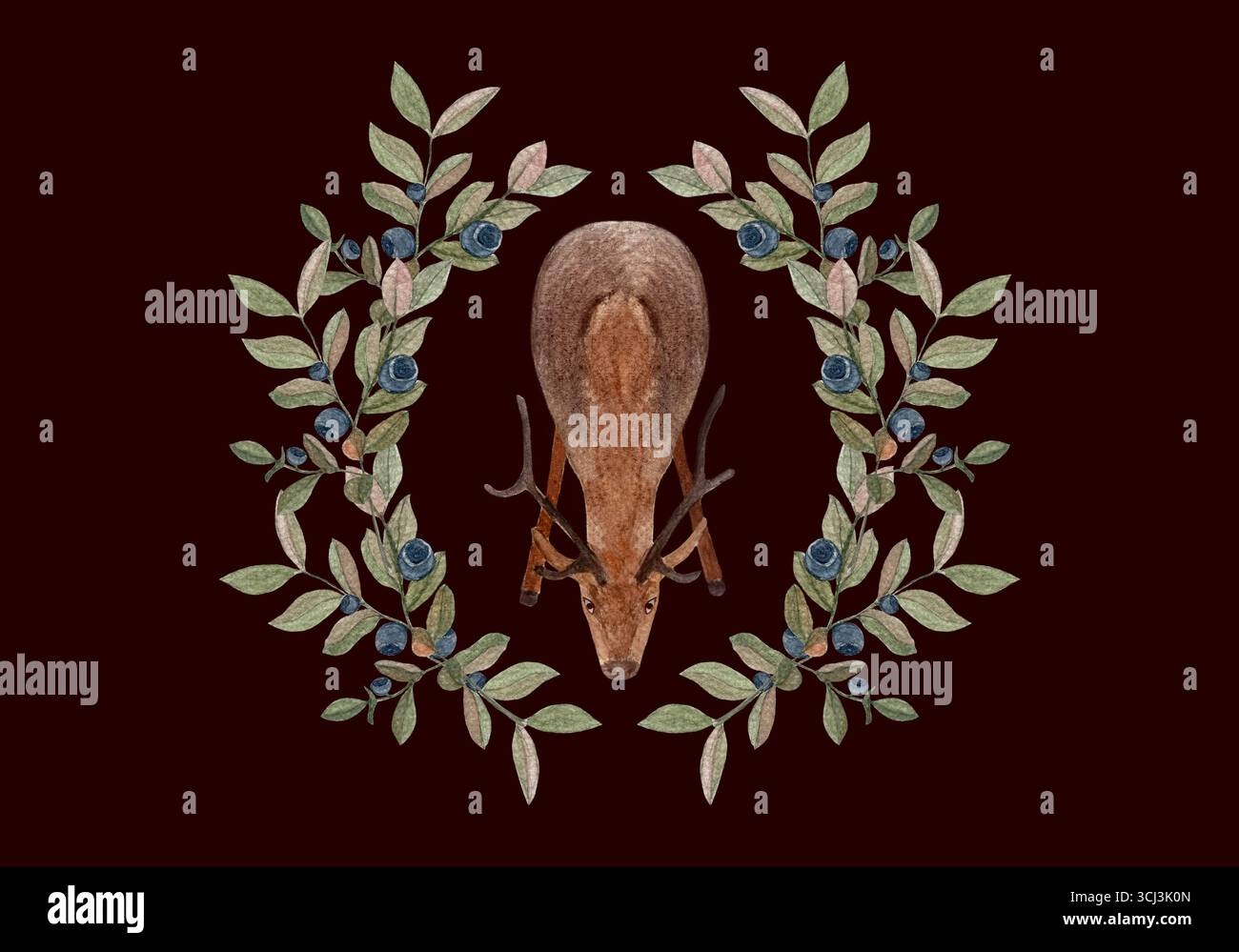 Cervo con palchi incorniciati da foglie verdi bacche blu scuro su sfondo nero. Illustrazione ad acquerello perfetta per biglietti d'auguri, poster, matrimoni Foto Stock