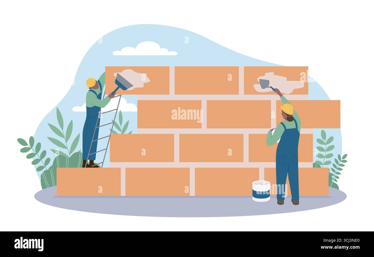 Muraglia di costruzione. Gli uomini in uniforme e caschi depongono mattoni. Costruzione, architettura e ingegneria, costruzione. Scalpellino e muratore. Piatto Illustrazione Vettoriale