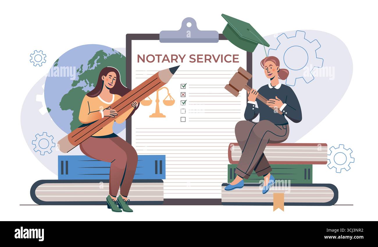 Servizio notaio online. Donne con il martelletto dei giudici sedute su una pila di libri. Avvocati e notai professionisti con documentazione. Supporto legale per Illustrazione Vettoriale