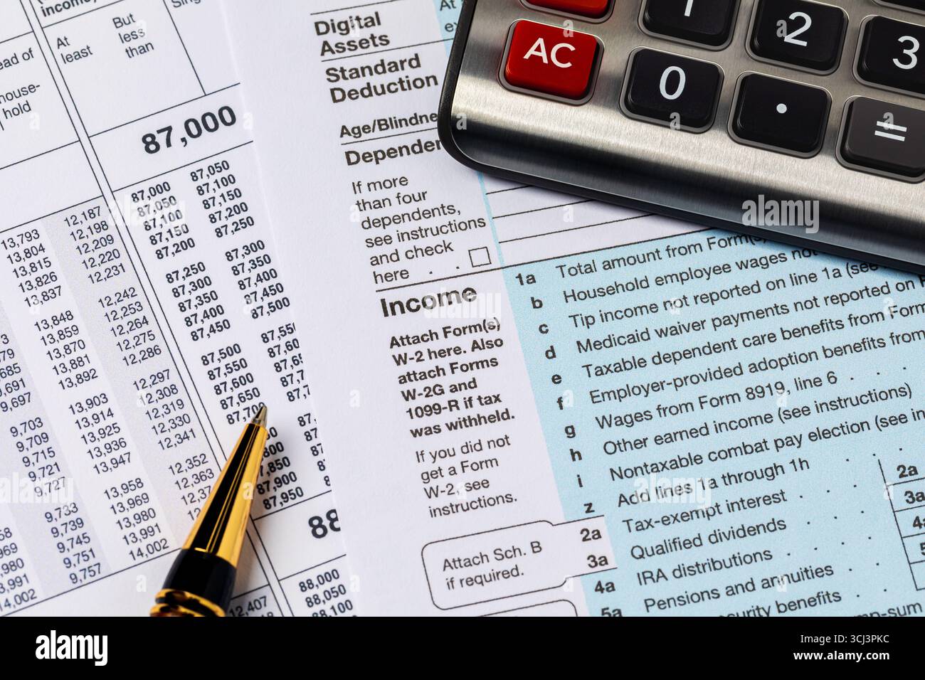 Grafico a parentesi dell'imposta federale sul reddito e modulo di dichiarazione dei redditi. Concetto di preparazione fiscale, rimborso e deposito delle tasse. Foto Stock