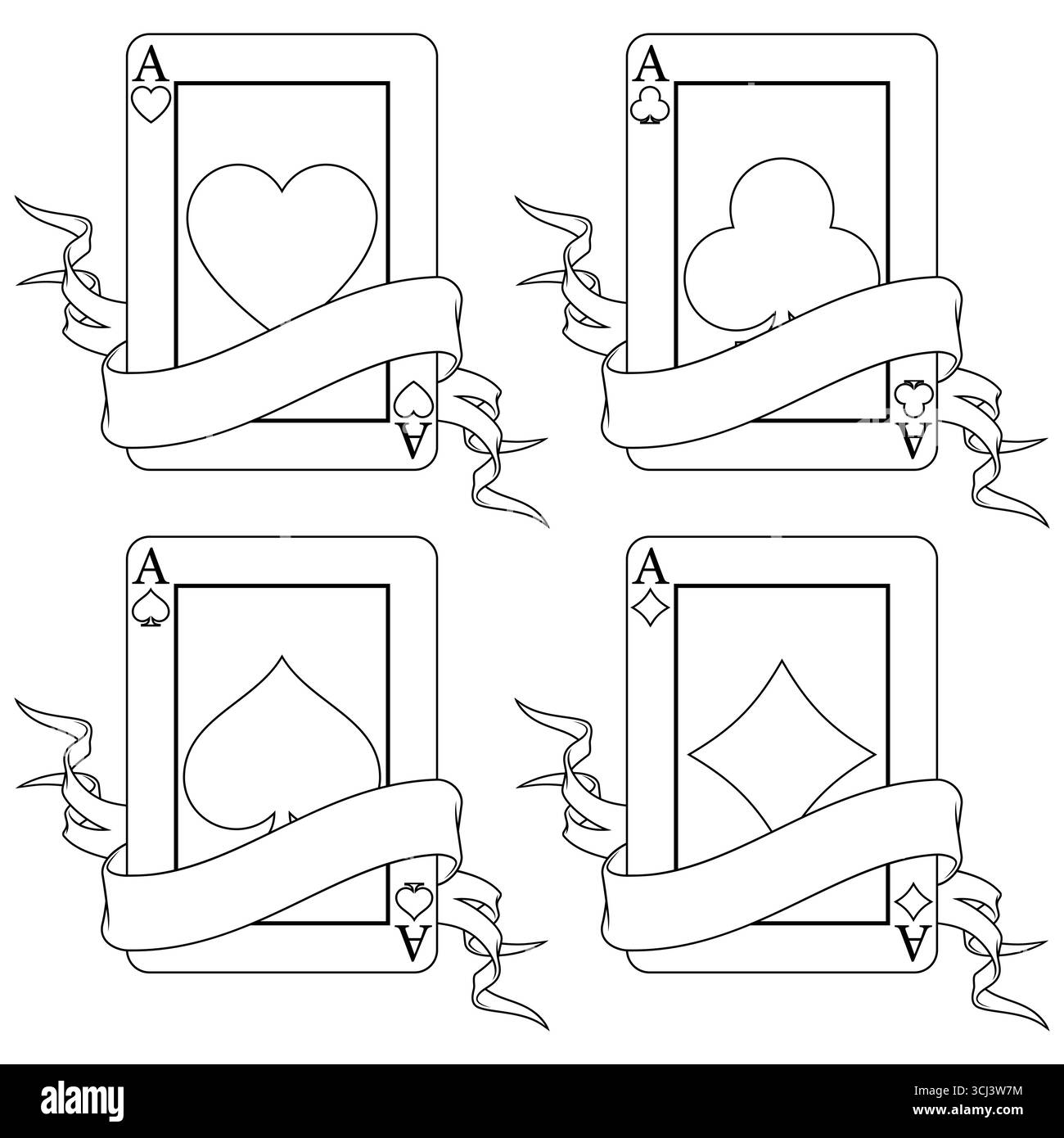 Carta poker circondata da un nastro, simboli del poker di cuore, diamante, mazza e asso Illustrazione Vettoriale