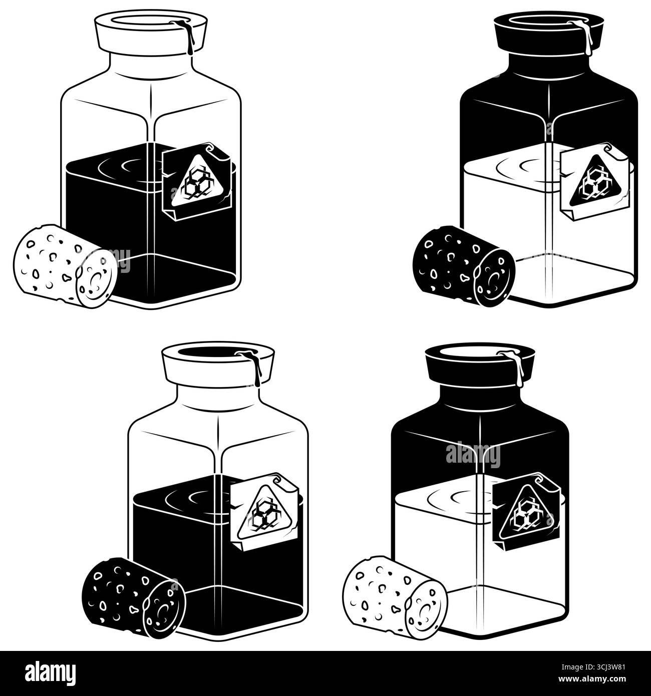 Flacone in vetro con sostanza liquida, contenitore con sostanza a rischio biologico con etichetta e sughero Illustrazione Vettoriale