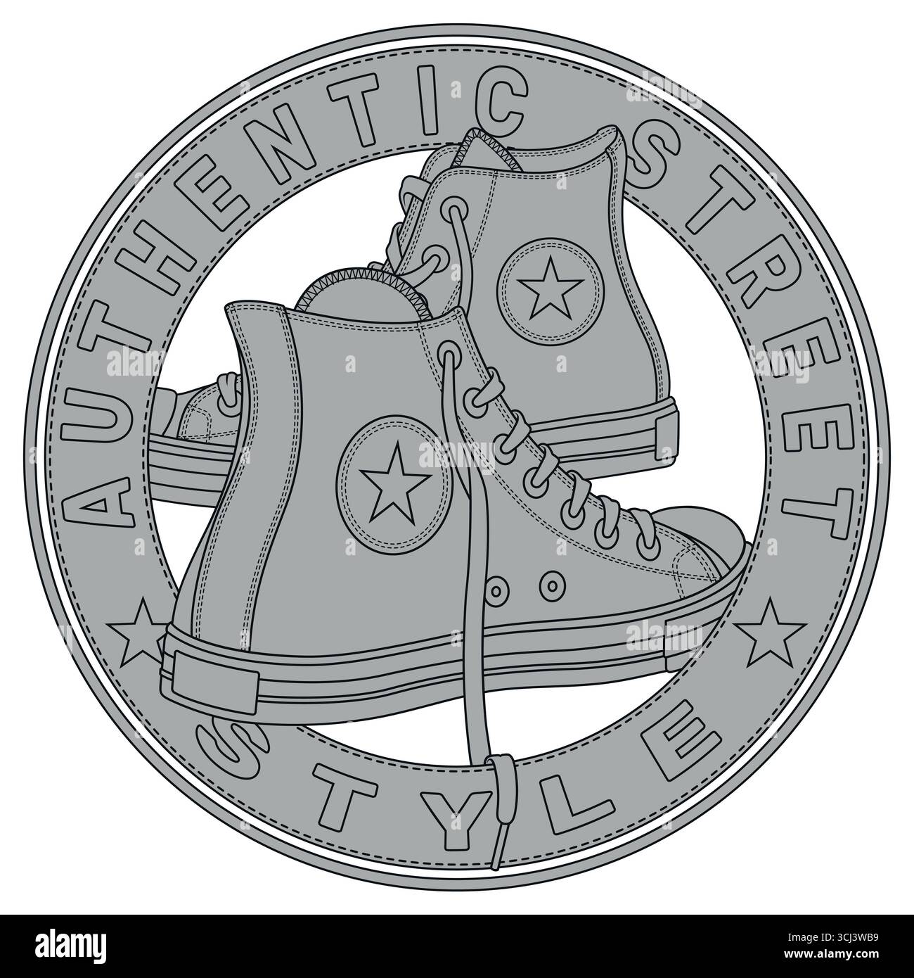 Logo con scarpa, autentico Street style, scarpa sportiva per giovani, logo circolare con scarpa sportiva per pattinatori Illustrazione Vettoriale