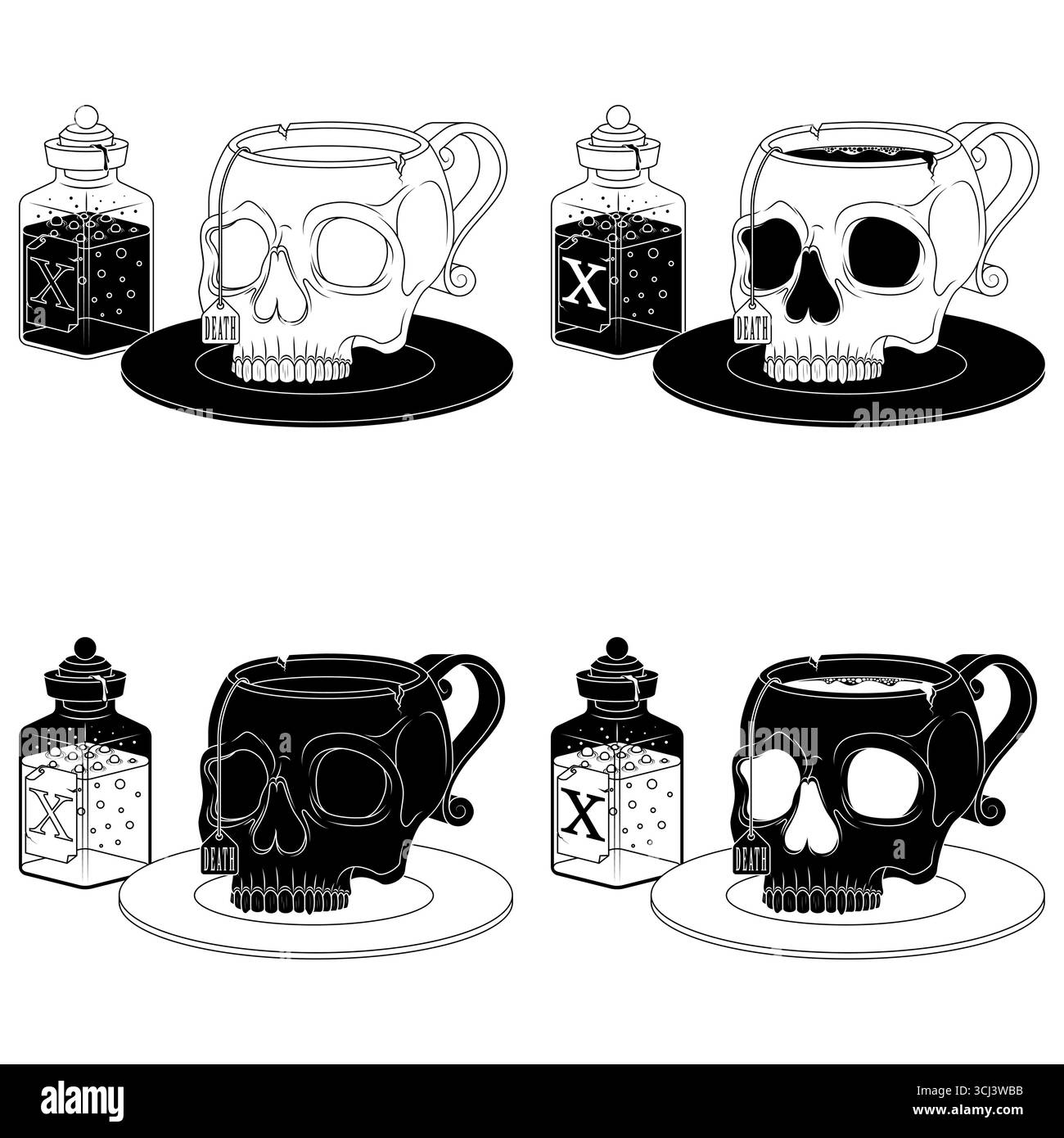 Tazza da tè in porcellana a forma di teschio umano, tazza da caffè a forma di teschio tazza magica di pozione, tazza demoniaca di Halloween Illustrazione Vettoriale