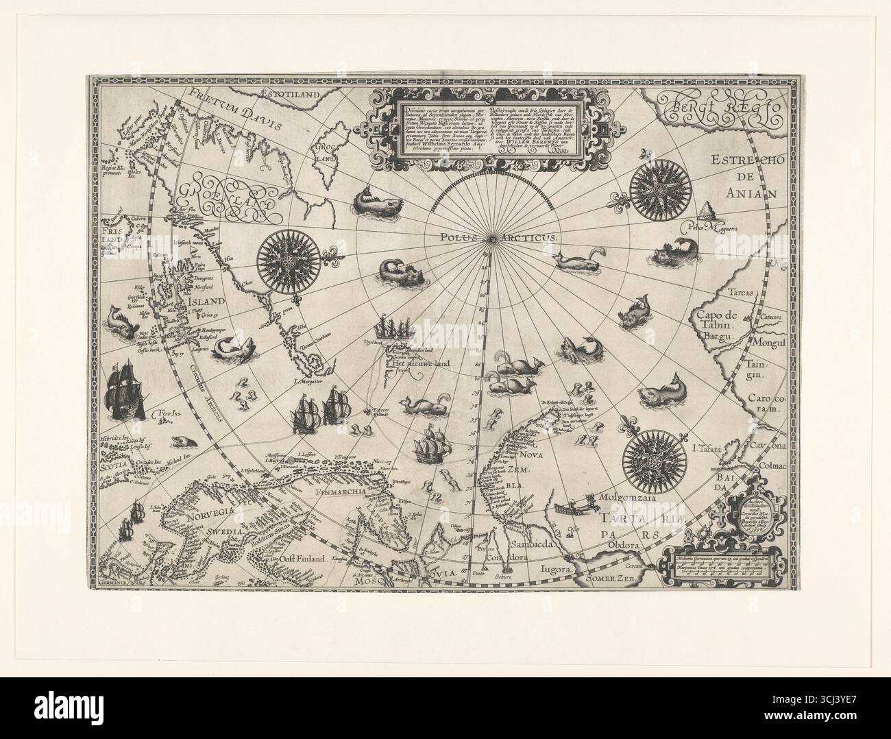 Didascalia: Mappa circumpolare della regione artica di Willem Barentsz, 1598. Raffigura la Groenlandia, parti del Nord America, Russia, Nova Zembla, Spitsbergen e la rotta di Barentsz con le navi. Creature marine come balene, trichechi e foche sono illustrate nelle acque. Foto Stock