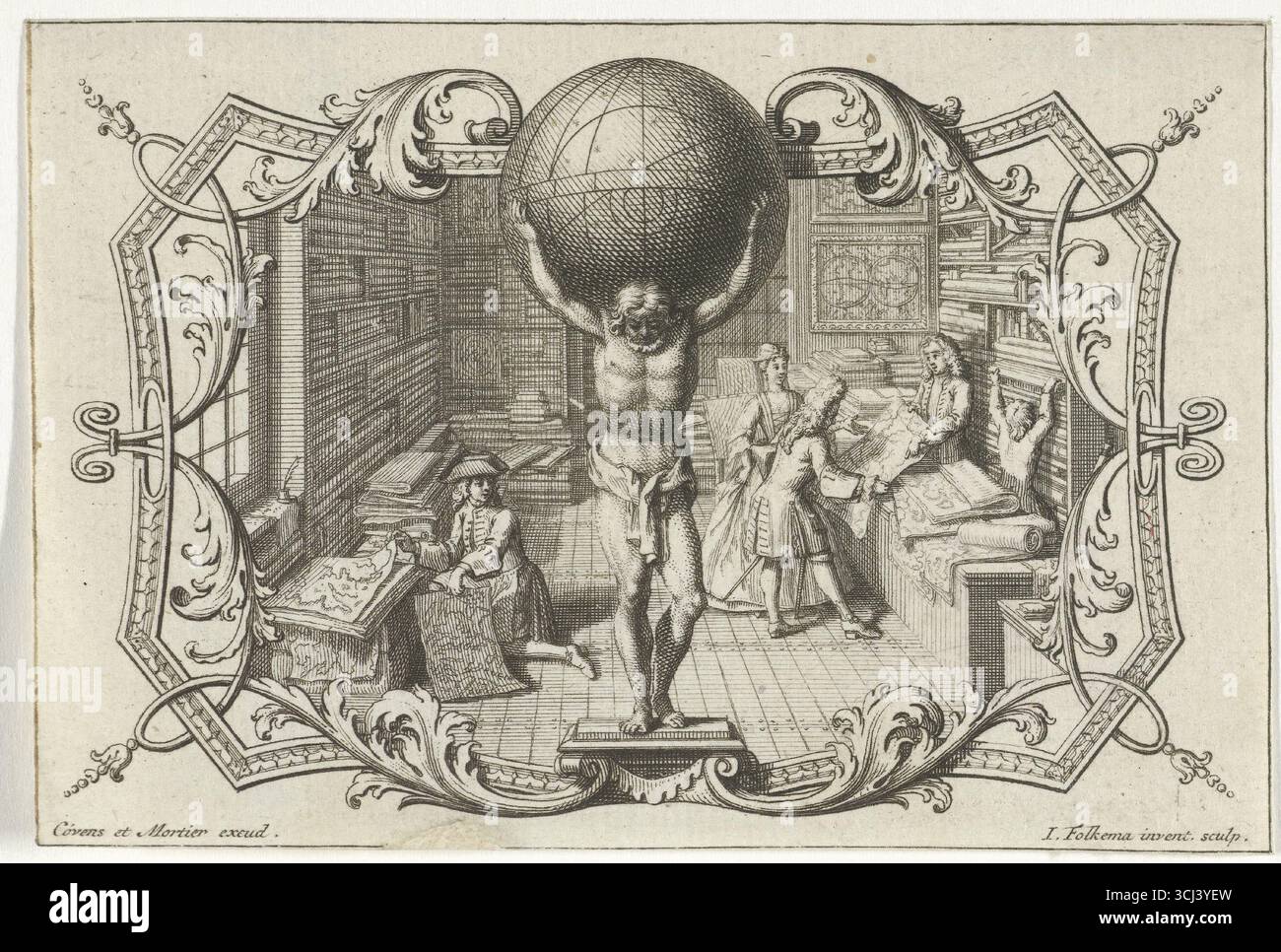 Interno di un negozio di mappe con Atlas. Incisione di Jacob Folkema, 1720–1772. La scena mostra un negozio cartografico in cui una coppia esamina una mappa al banco, circondata da scaffali pieni di atlanti e carte. Nella cornice ornata, la figura di Atlante è raffigurata tenendo un globo celeste sopra le sue spalle, a simboleggiare la geografia e la conoscenza. Foto Stock