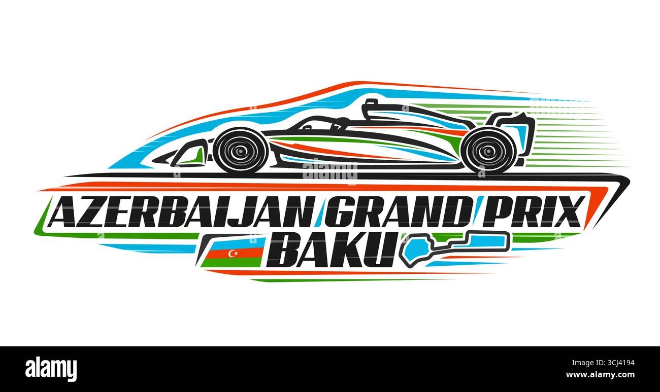Logo vettoriale per il Gran Premio dell'Azerbaigian, cartellone automobilistico con forma semplice di illustrazione del contorno della formula 1 bolid in movimento, scritta unica per te Illustrazione Vettoriale