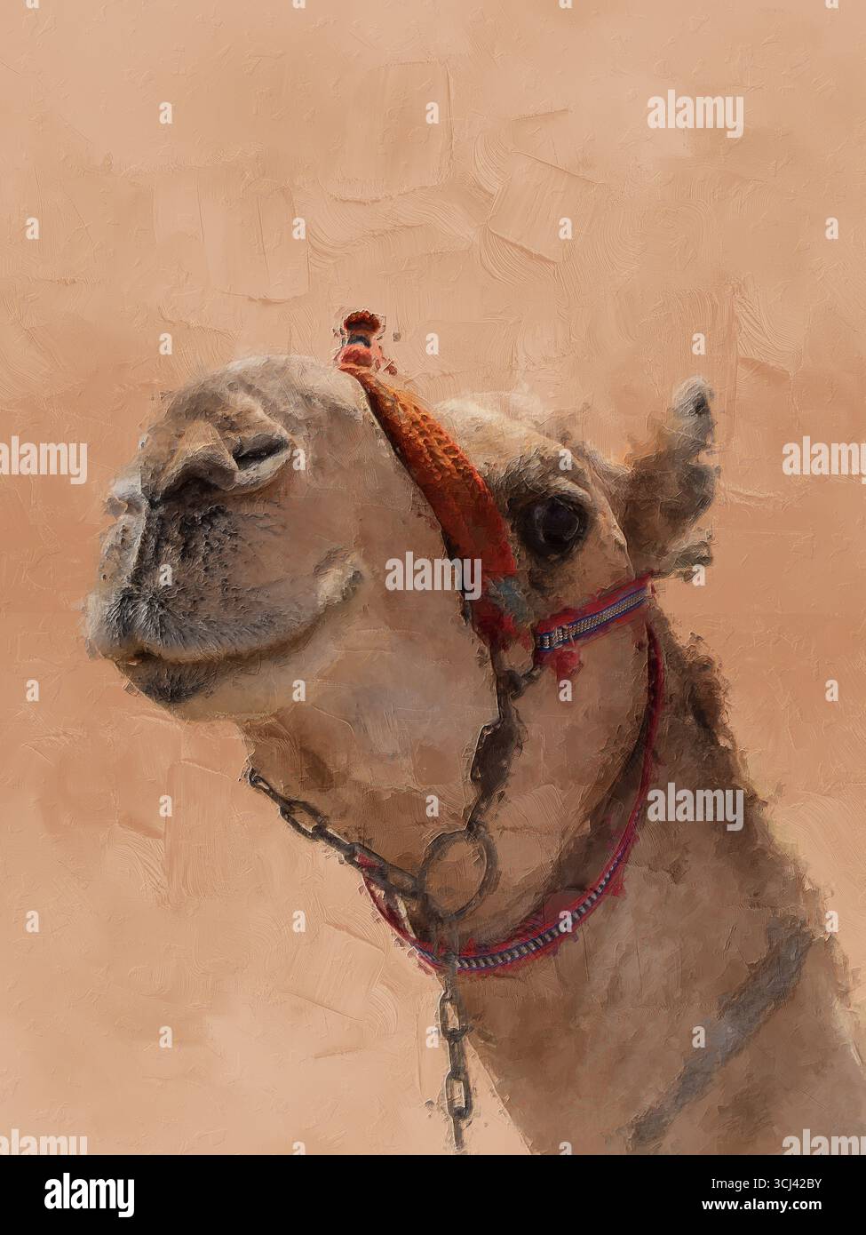 Pittura digitale artistica di una testa di cammello con briglie rosse su sfondo beige testurizzato, illustrazione stilizzata ispirata agli animali del deserto e alla cultura Foto Stock