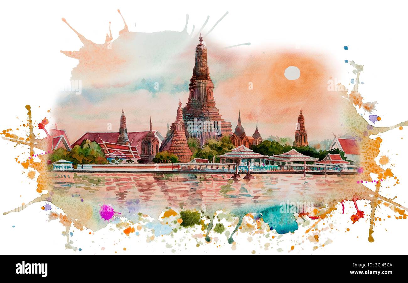 Vista panoramica. Tempio Wat Arun al tramonto a bangkok, Thailandia. Paesaggio dipinto ad acquerello colorato di architettura e vista sul fiume. Illustratore disegnato a mano Foto Stock