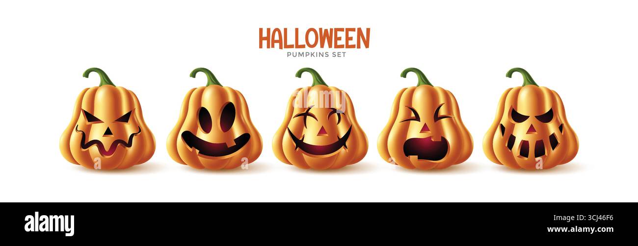 Elementi vettoriali di zucca arancioni sorridenti per il tuo design per le feste di Halloween. Illustrazione Vettoriale