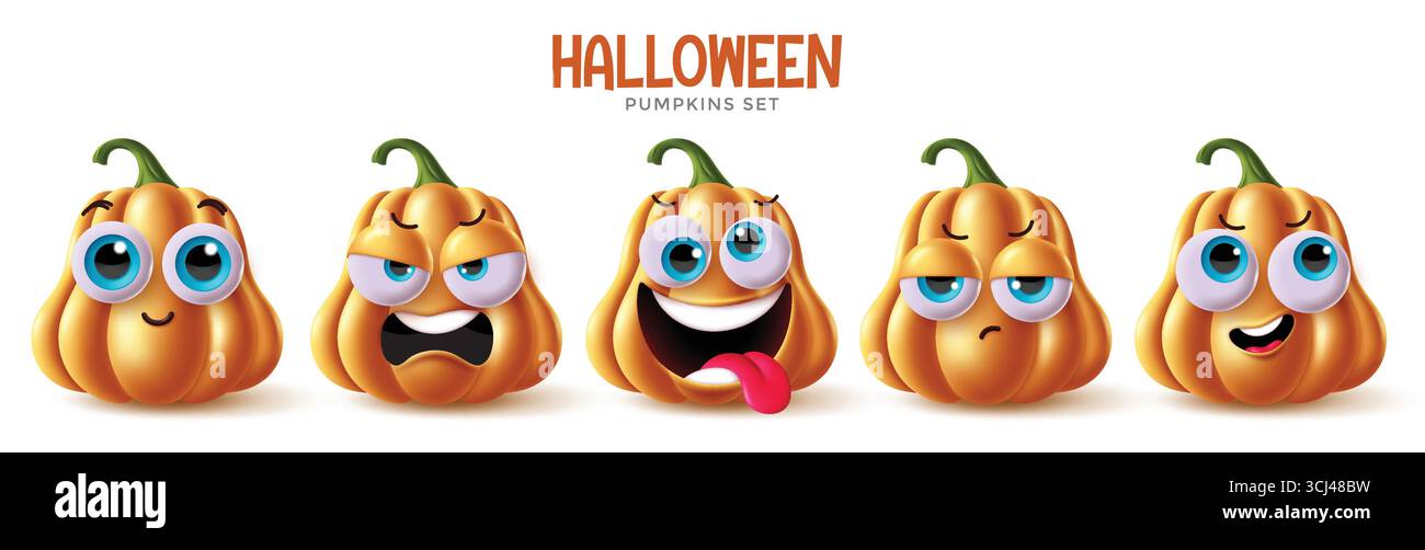 Funny Halloween Pumpkins Clipart Set con Big Cartoon Eyes ed espressioni stupide per il divertimento delle feste Illustrazione Vettoriale