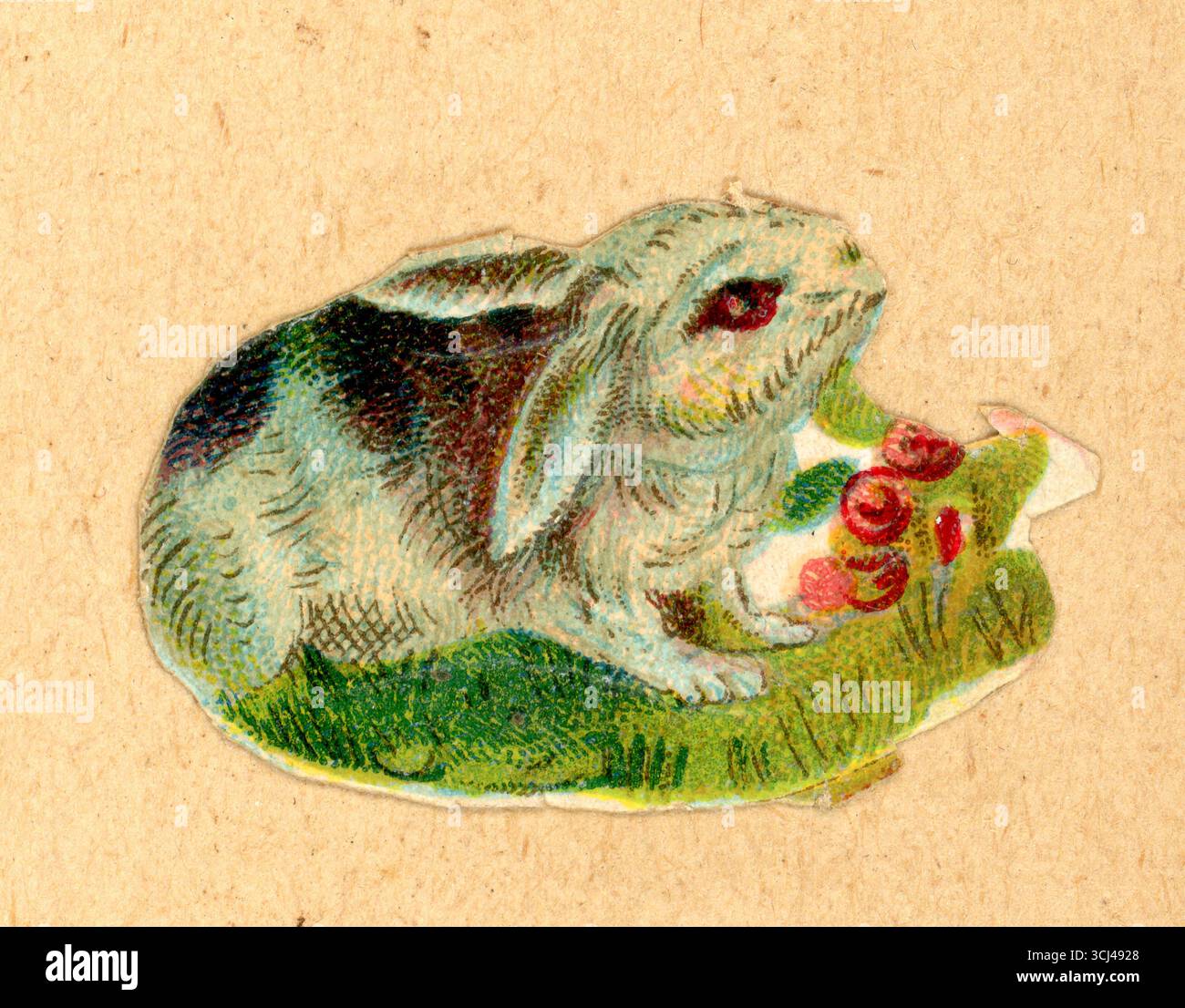 Pezzo di carta decoupage cromo-pressofuso in rilievo vittoriano originale da scarti vittoriani PET Rabbit, intorno al 1890, Regno Unito. Foto Stock